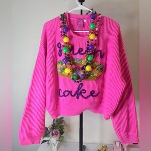 Mardi Gras QUEEN OF SPARKLES Pink Sweater with Beaded Accents Used only once,